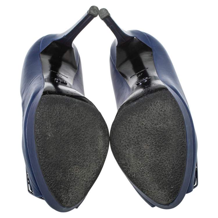 Pre Owned Dior Blue Leather Metal Bow Peep Toe Pumps Size 37