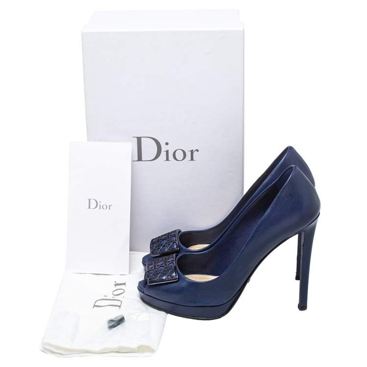 Pre Owned Dior Blue Leather Metal Bow Peep Toe Pumps Size 37