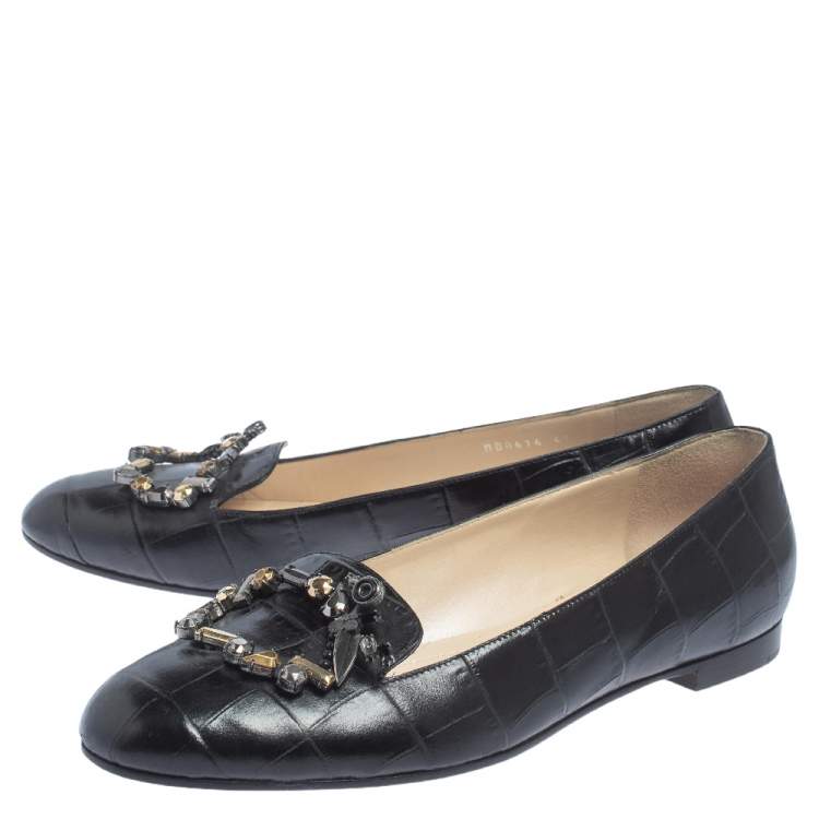 Pre Owned Dior Black Croc Embossed Leather Crystal Embellished Slip On Loafers Size 41