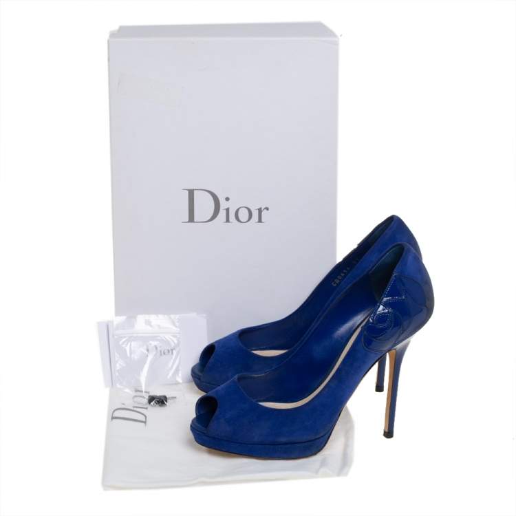 Pre Owned Dior Royal Blue Suede And Patent Leather Floral Detailed Peep Toe Pumps Size 37
