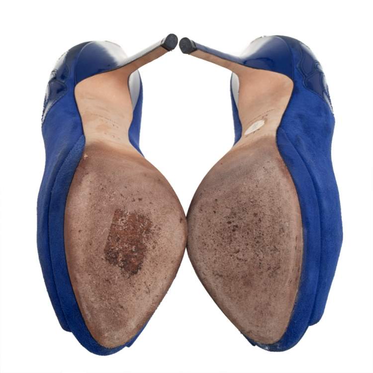 Pre Owned Dior Royal Blue Suede And Patent Leather Floral Detailed Peep Toe Pumps Size 37