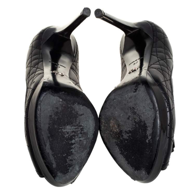 Pre Owned Dior Black Cannage Leather Bow Peep Toe Pumps Size 37