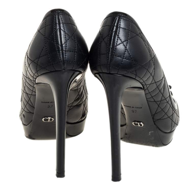 Pre Owned Dior Black Cannage Leather Bow Peep Toe Pumps Size 37