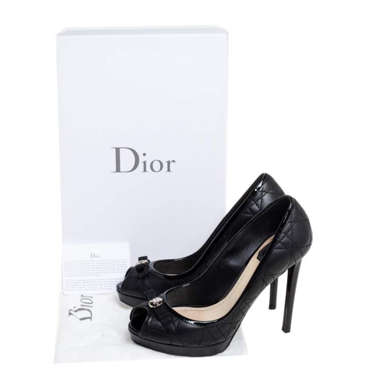 Pre Owned Dior Black Cannage Leather Bow Peep Toe Pumps Size 37