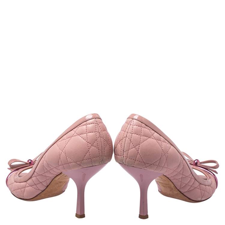 Pre Owned Dior Pink Patent And Quilted Leather Peep Toe Bow Pumps Size 38
