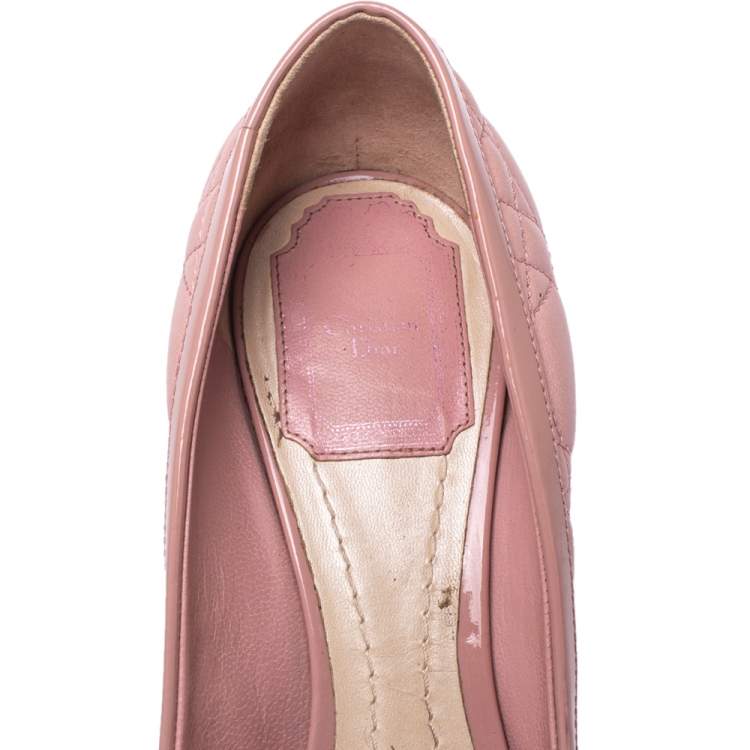 Pre Owned Dior Pink Patent And Quilted Leather Peep Toe Bow Pumps Size 38