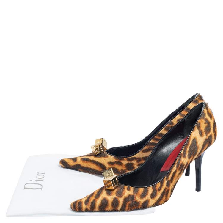 Pre Owned Dior Brown/Beige Calf Hair Dice Embellished Pointed Toe Pumps Size 39.5