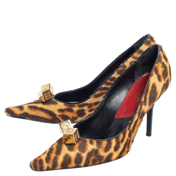 Pre Owned Dior Brown/Beige Calf Hair Dice Embellished Pointed Toe Pumps Size 39.5