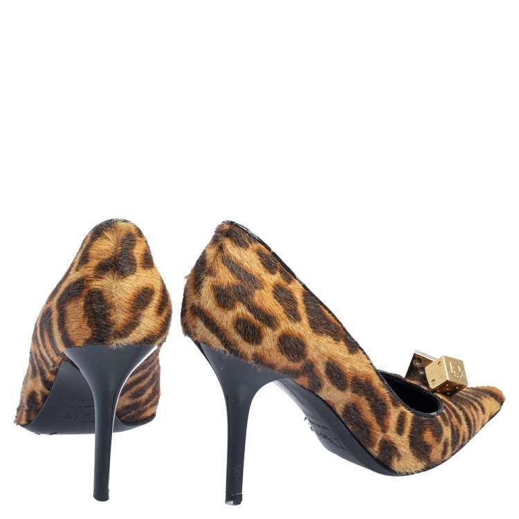 Pre Owned Dior Brown/Beige Calf Hair Dice Embellished Pointed Toe Pumps Size 39.5