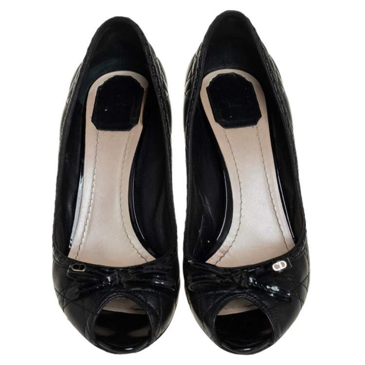 Pre Owned Dior Black Cannage Leather Bow Peep Toe Pumps Size 40.5