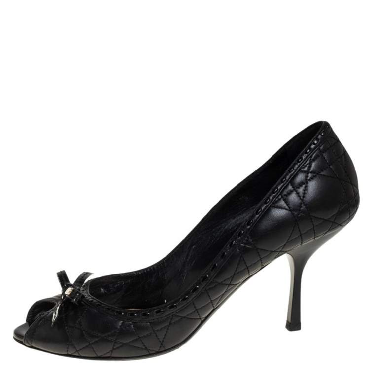 Pre Owned Dior Black Cannage Leather Bow Peep Toe Pumps Size 40.5