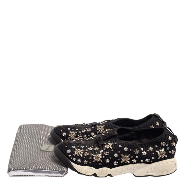 Pre Owned Dior Black Mesh Fusion Crystal Embellished Slip On Sneakers Size 40