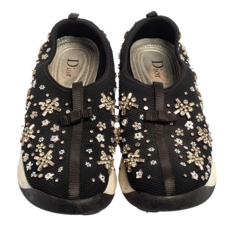 Pre Owned Dior Black Mesh Fusion Crystal Embellished Slip On Sneakers Size 40