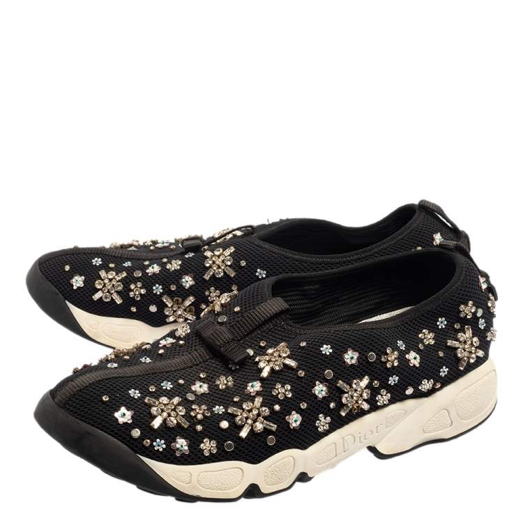 Pre Owned Dior Black Mesh Fusion Crystal Embellished Slip On Sneakers Size 40