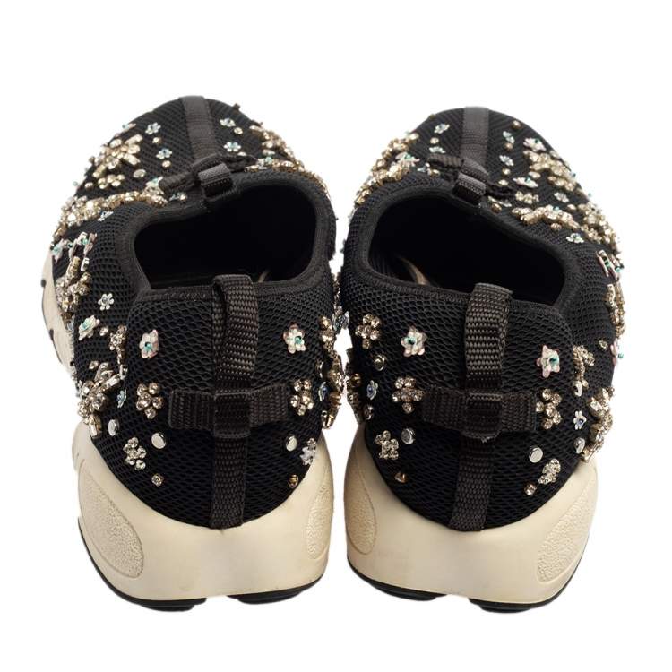 Pre Owned Dior Black Mesh Fusion Crystal Embellished Slip On Sneakers Size 40