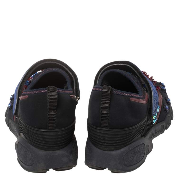 Pre Owned Dior Black Crystal And Sequins Embellished Neoprene Fusion Slip On Sneakers Size 40.5