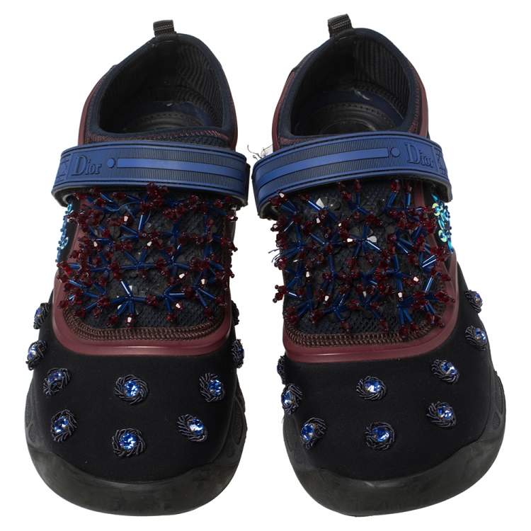 Pre Owned Dior Black Crystal And Sequins Embellished Neoprene Fusion Slip On Sneakers Size 40.5
