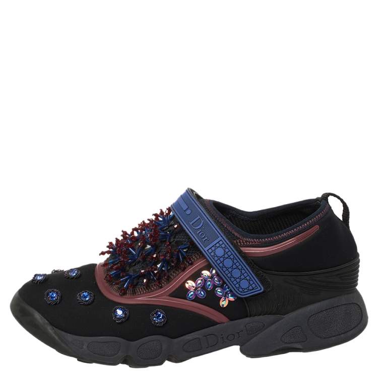 Pre Owned Dior Black Crystal And Sequins Embellished Neoprene Fusion Slip On Sneakers Size 40.5