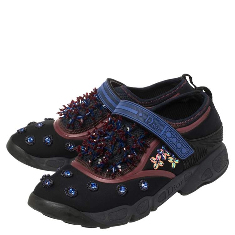 Pre Owned Dior Black Crystal And Sequins Embellished Neoprene Fusion Slip On Sneakers Size 40.5
