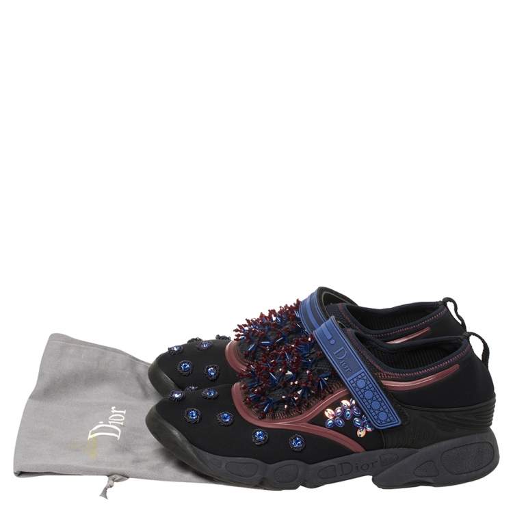 Pre Owned Dior Black Crystal And Sequins Embellished Neoprene Fusion Slip On Sneakers Size 40.5