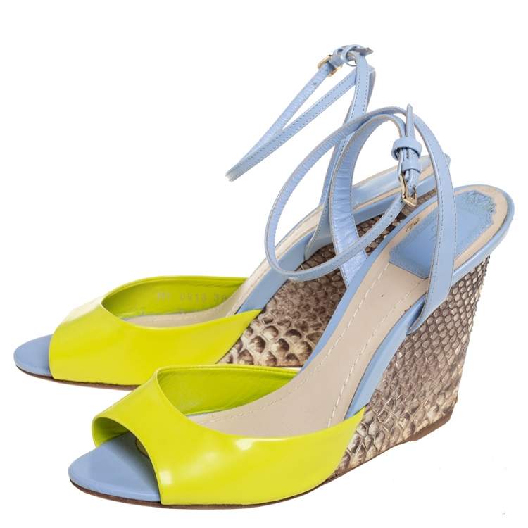 Pre Owned Dior Multicolor Patent Leather And Python Ankle Strap Wedge Sandals  Size 38