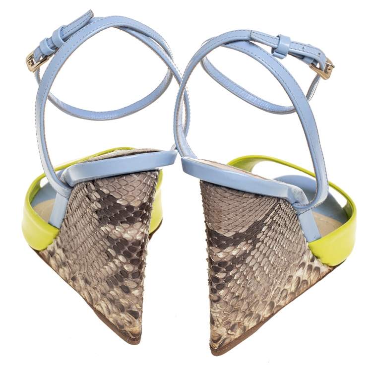 Pre Owned Dior Multicolor Patent Leather And Python Ankle Strap Wedge Sandals  Size 38