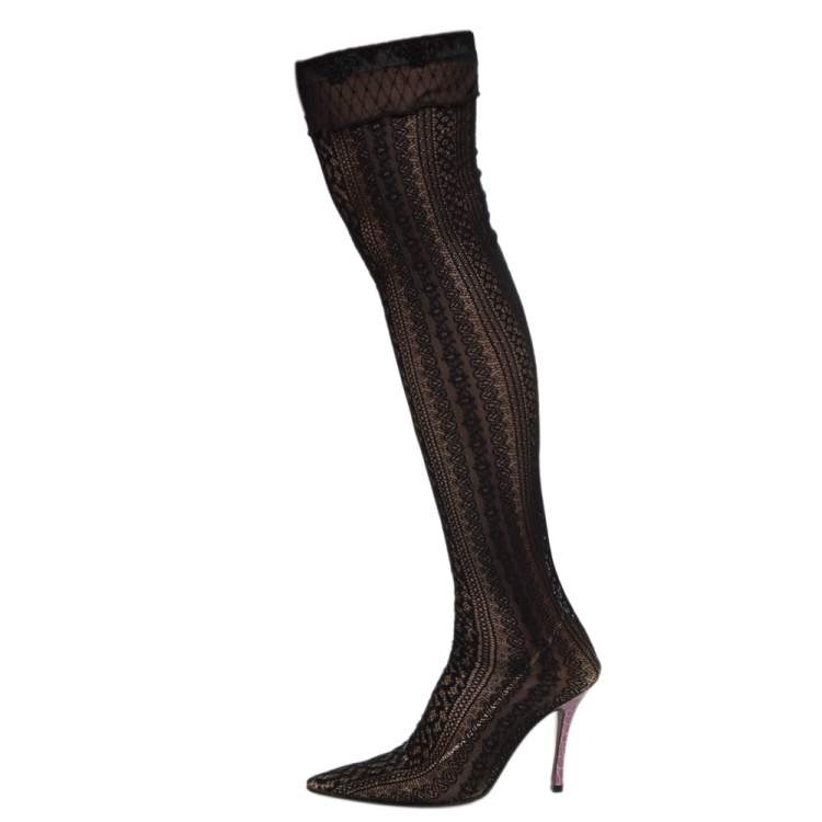 Dior Black Lace And Croc Embossed Leather Over The Knee Boots Size 38 Dior