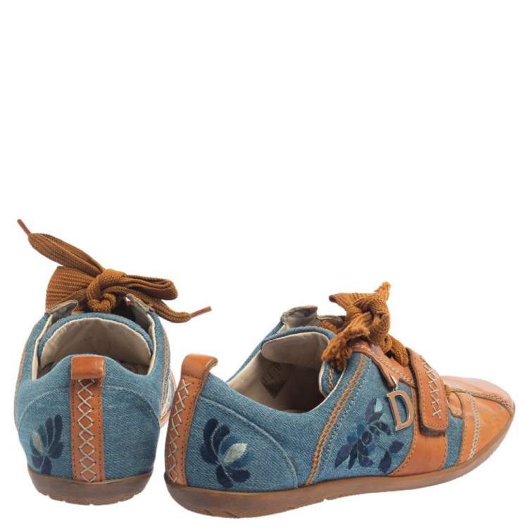 Pre Owned Dior Tan/Blue Denim And Leather Sneakers Size 38