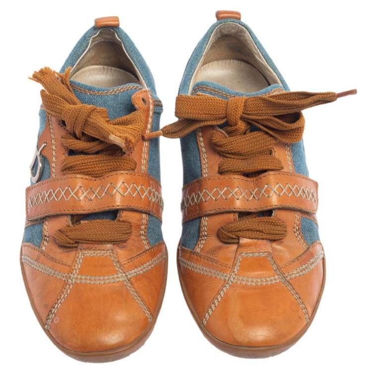 Pre Owned Dior Tan/Blue Denim And Leather Sneakers Size 38