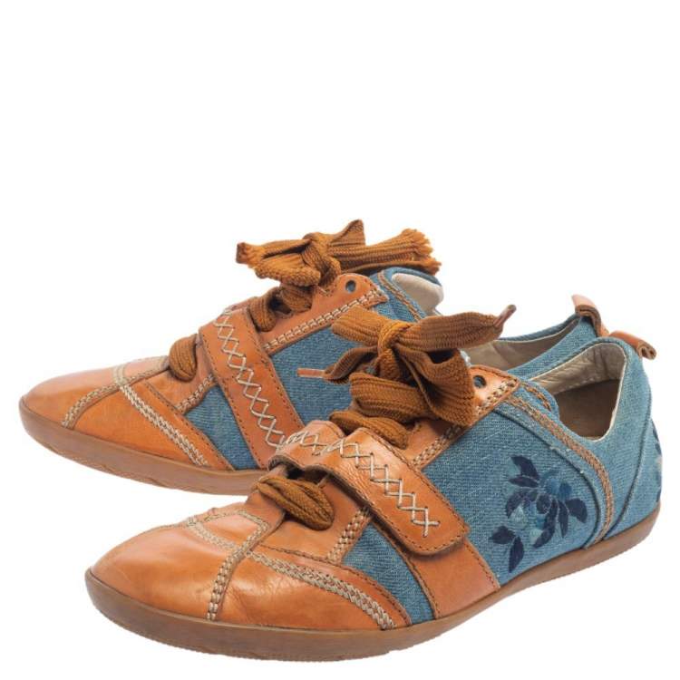 Pre Owned Dior Tan/Blue Denim And Leather Sneakers Size 38