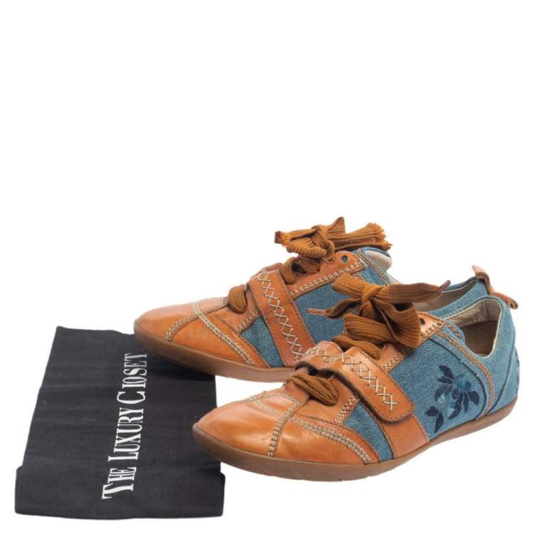 Pre Owned Dior Tan/Blue Denim And Leather Sneakers Size 38