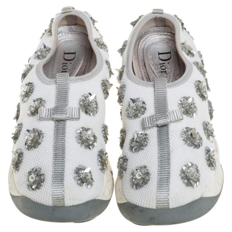 Pre Owned Dior White Mesh Fusion Floral Embellished Slip On Sneakers Size 36.5