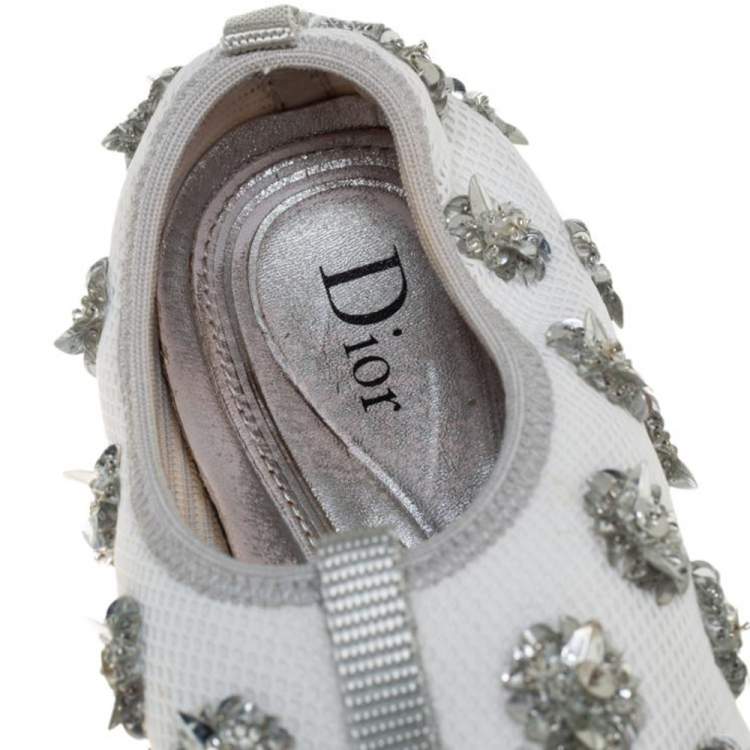 Pre Owned Dior White Mesh Fusion Floral Embellished Slip On Sneakers Size 36.5