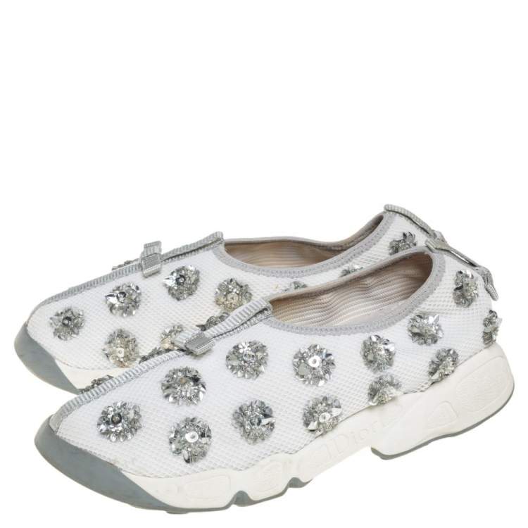 Pre Owned Dior White Mesh Fusion Floral Embellished Slip On Sneakers Size 36.5
