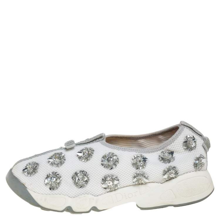 Pre Owned Dior White Mesh Fusion Floral Embellished Slip On Sneakers Size 36.5