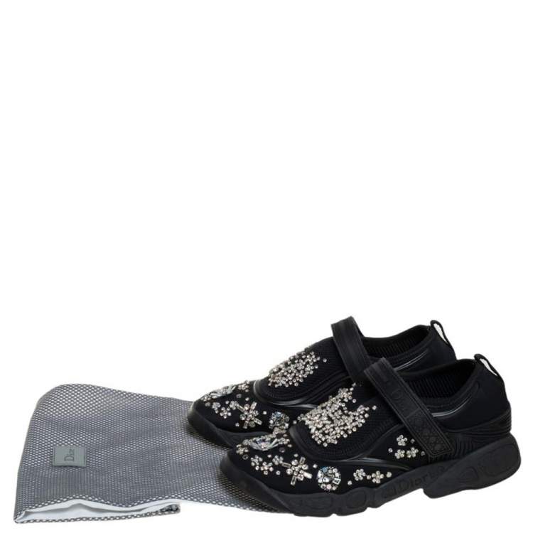 Pre Owned Dior Black Fabric and Mesh Fusion Embellished Low Top Sneakers Size 36.5