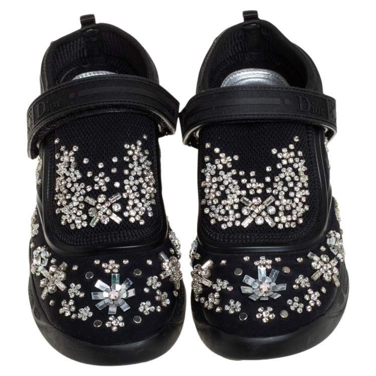 Pre Owned Dior Black Fabric and Mesh Fusion Embellished Low Top Sneakers Size 36.5