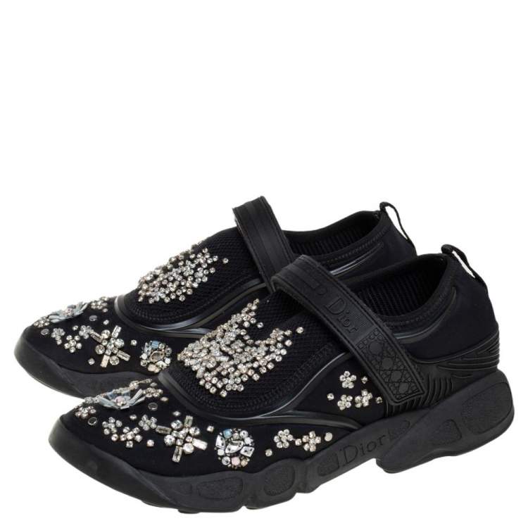 Pre Owned Dior Black Fabric and Mesh Fusion Embellished Low Top Sneakers Size 36.5