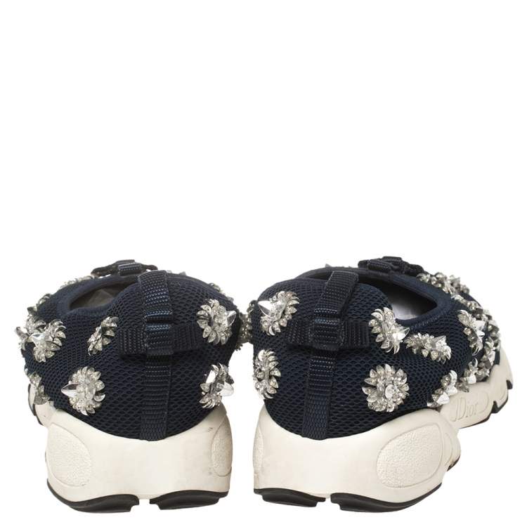 مملوكة مسبقًا Dior Dark Blue Floral Embellished Mesh Fusion Slip On Sneakers Size 40