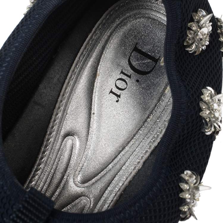 مملوكة مسبقًا Dior Dark Blue Floral Embellished Mesh Fusion Slip On Sneakers Size 40