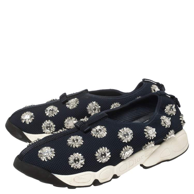 مملوكة مسبقًا Dior Dark Blue Floral Embellished Mesh Fusion Slip On Sneakers Size 40