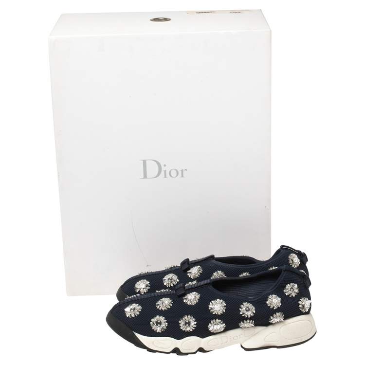 مملوكة مسبقًا Dior Dark Blue Floral Embellished Mesh Fusion Slip On Sneakers Size 40
