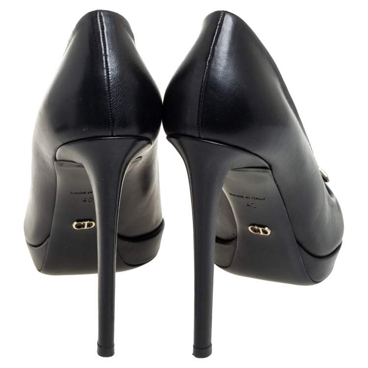 Pre Owned Dior Black Leather Metal Cannage Plaque Detail Peep Toe Pumps Size 40