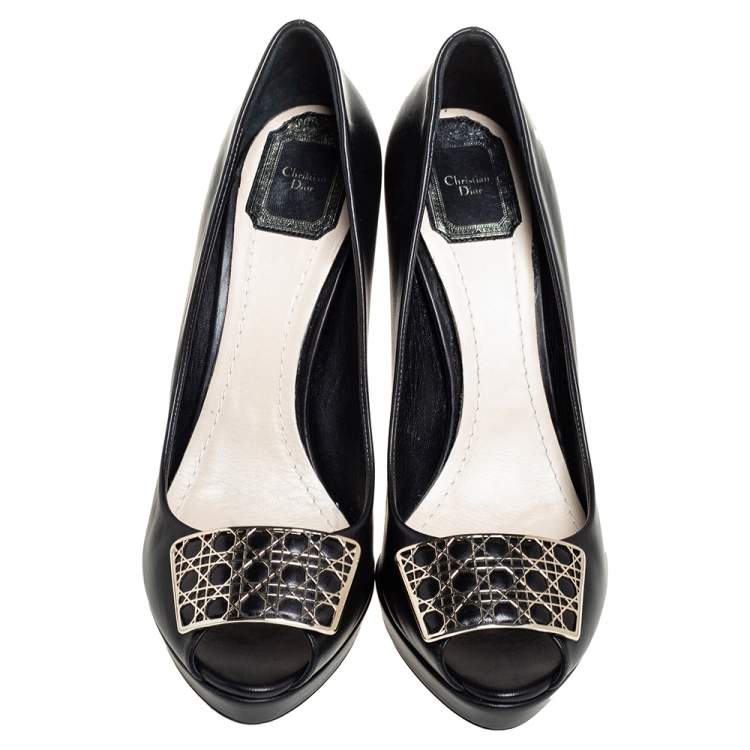 Pre Owned Dior Black Leather Metal Cannage Plaque Detail Peep Toe Pumps Size 40