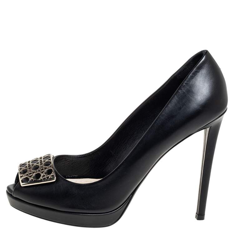 Pre Owned Dior Black Leather Metal Cannage Plaque Detail Peep Toe Pumps Size 40