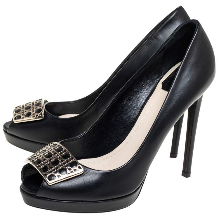 Pre Owned Dior Black Leather Metal Cannage Plaque Detail Peep Toe Pumps Size 40