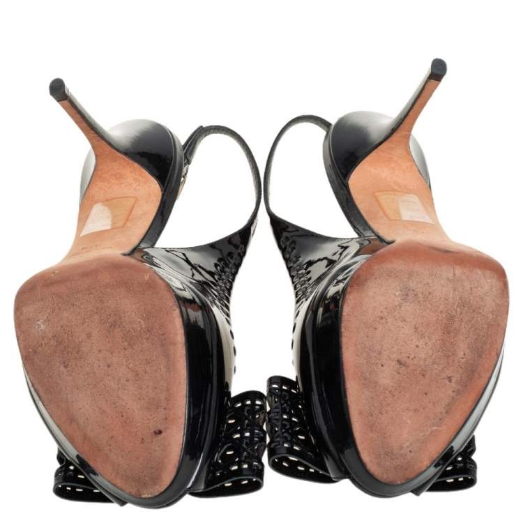 Pre Owned Dior Black Patent Leather Bow Slingback Sandals Size 37.5