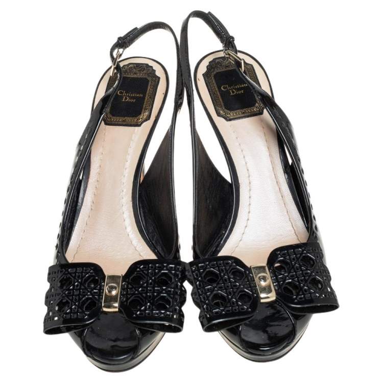 Pre Owned Dior Black Patent Leather Bow Slingback Sandals Size 37.5