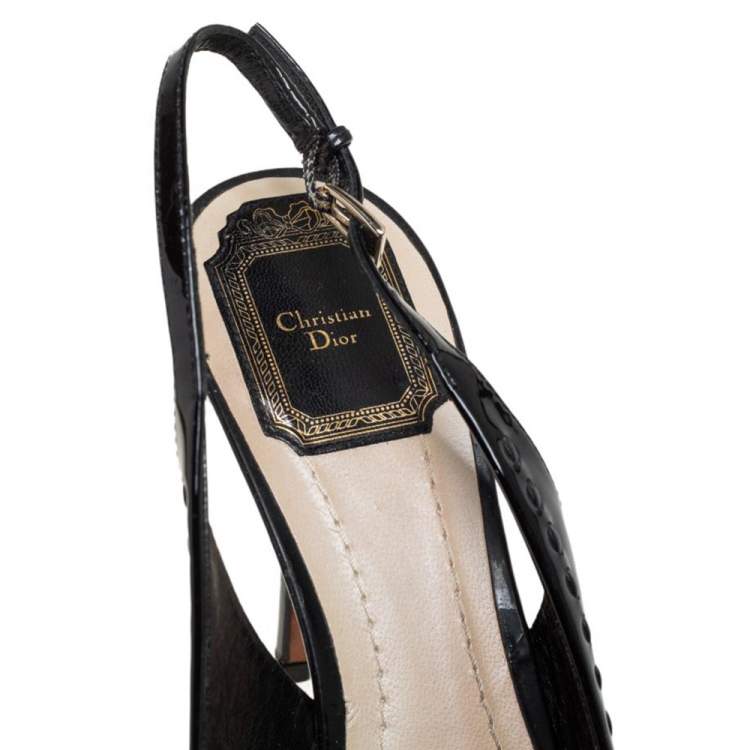 Pre Owned Dior Black Patent Leather Bow Slingback Sandals Size 37.5