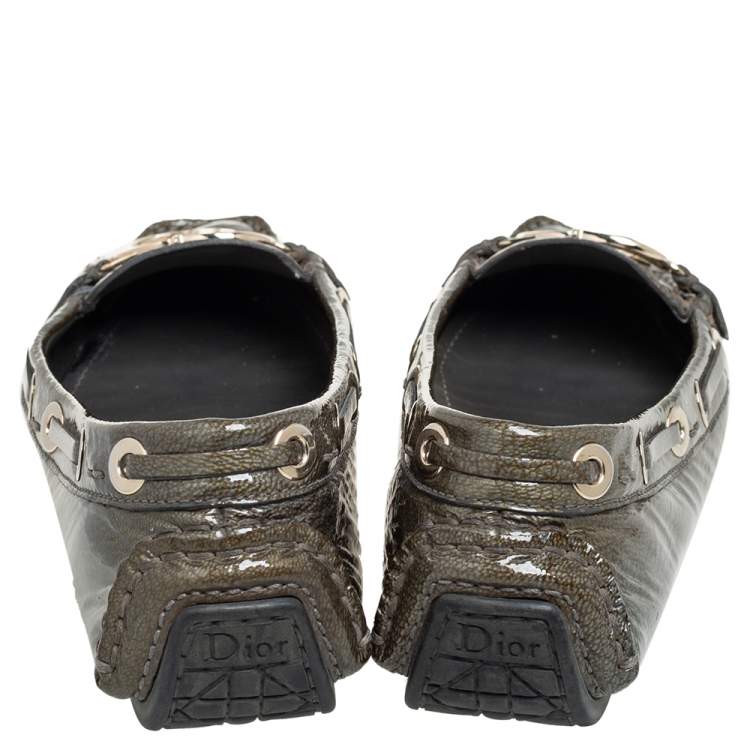 Pre Owned Dior Grey Patent Leather Logo Embellished Slip On Loafers Size 36.5